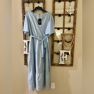 Light Blue Wrap Long Dress with Tie Waist